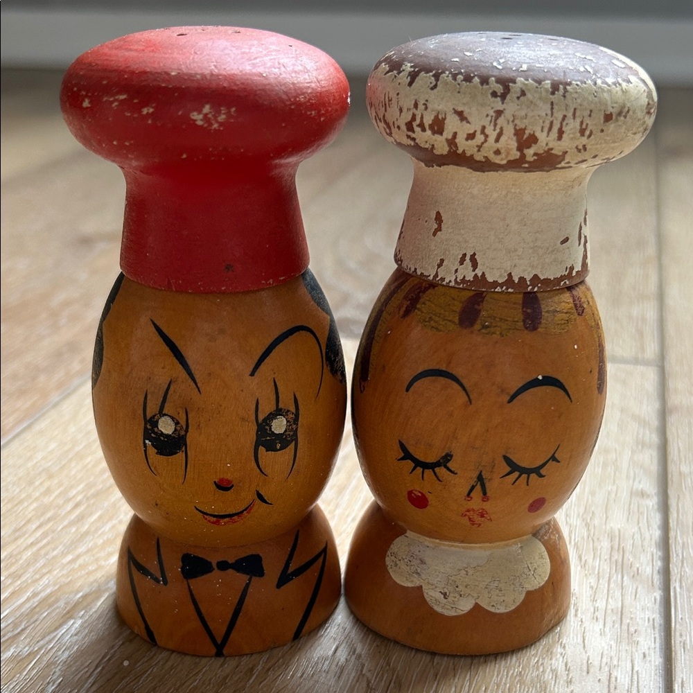 Vintage Woodpecker Woodware Salt Shaker Salty Peppy Chef Guy Girl Handmade Japan